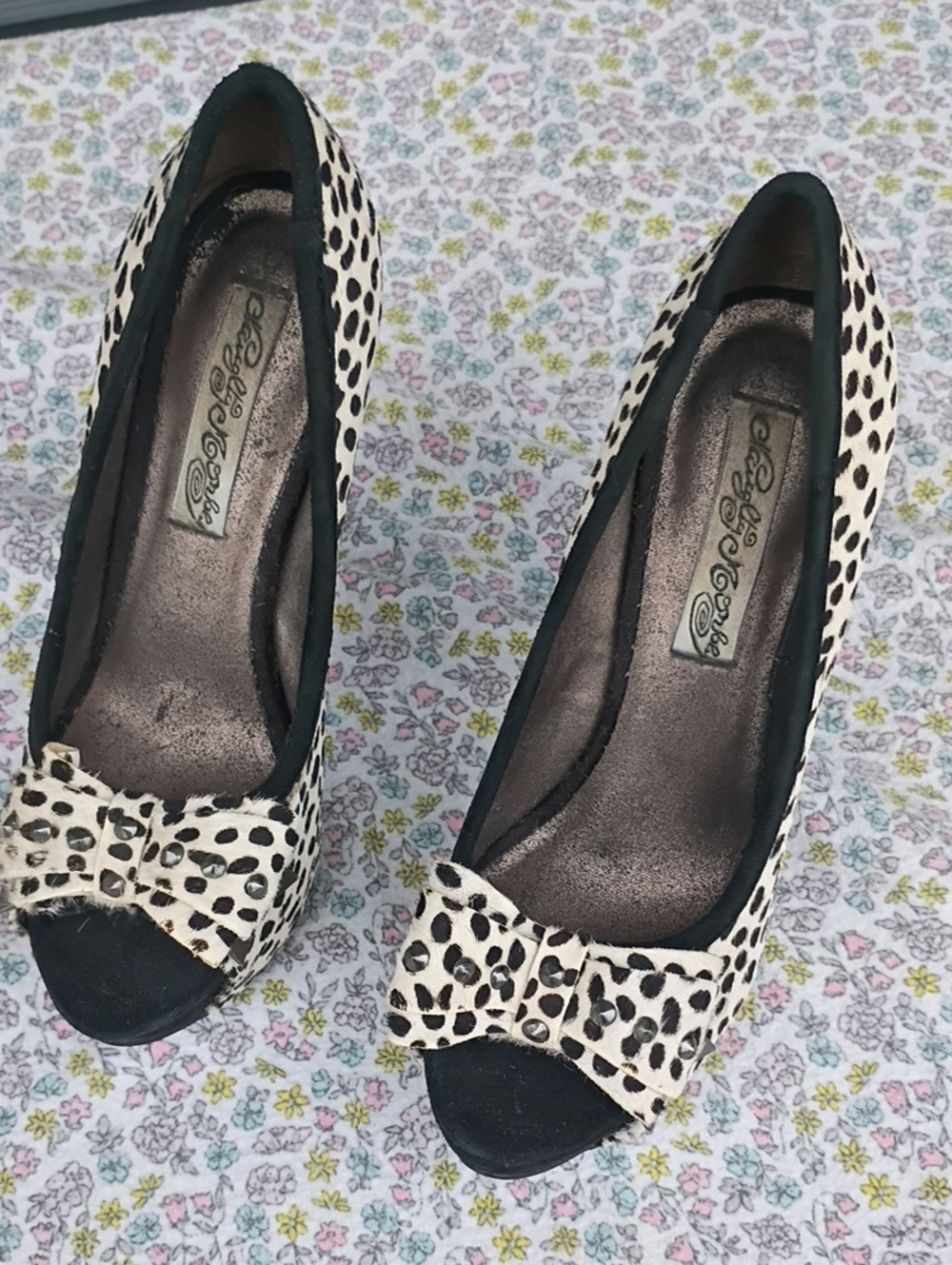 naughty monkey Black and White Leopard Peep-Toe Bow Heels. Brand New